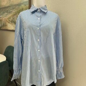 Blue White Striped Oversized Button Down Shirt Preppy Casual Look - Size L